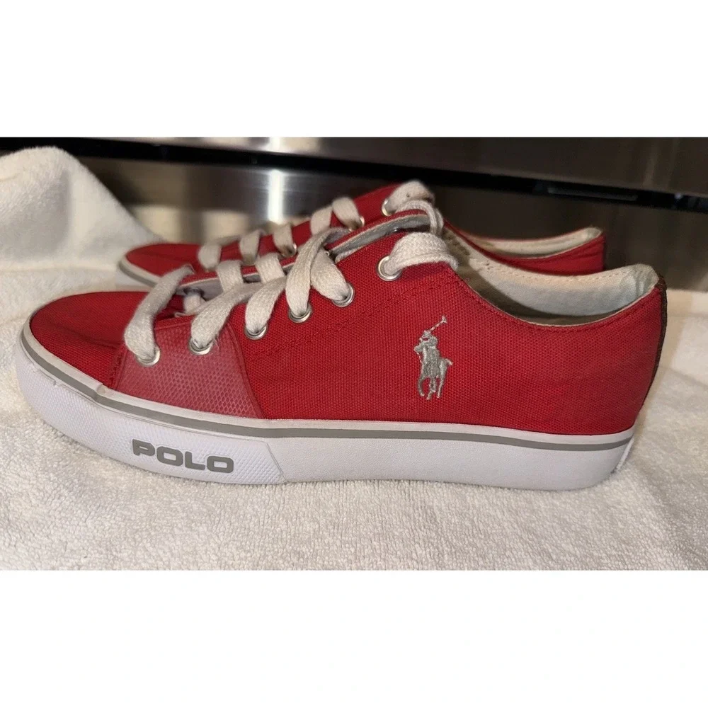 Polo Ralph‎ Lauren Red Canvas Sneakers with Embroidered Logo Mens Size 7.5D